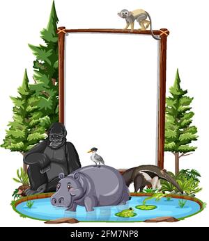 Empty banner with wild animals and rainforest trees on white background ...