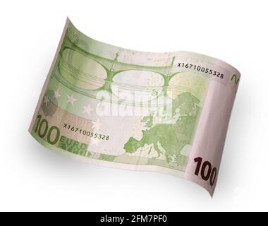 one hundred euro banknote behind wave carved on a white background Stock Photo