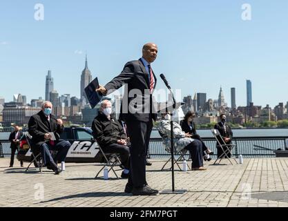 Hoboken, NJ - May 6, 2021: U. S. Senator Cory Booker  speaks at groundbreaking for the Rebuild by Design resiliency project in Pier A Park Stock Photo