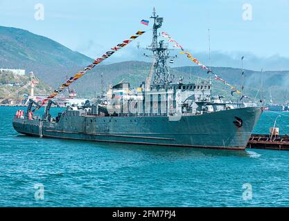 Russia warship with flags on Kamchatka Stock Photo