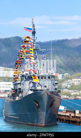 Russia warship with flags on Kamchatka Stock Photo