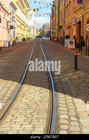 Tram rails on Katariinankatu street in Helsinki Finland Stock Photo