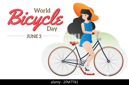 World Bicycle Day. June 3. Vector illustration of a girl in hat riding a bycicle. EPS10. Stock Vector