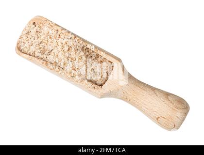 top view of Psyllium husk in wooden scoop cutout on white background Stock Photo