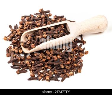 wood scoop on pile of dried cloves on white background Stock Photo