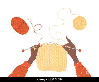 Knitting process. Balls of yarn. African female hands with needles and thread. Top view of the workplace. Tailor shop elements. Hand drawn vector Stock Vector