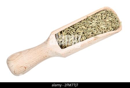top view of anise seeds in wood scoop cutout on white background Stock Photo