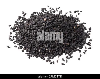 handful of Nigella sativa seeds (black caraway) closeup on white background Stock Photo