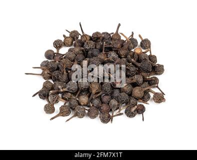 pile of dried cubeb pepper closeup on white background Stock Photo