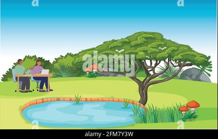 couple is sitting in a garden near water Stock Vector