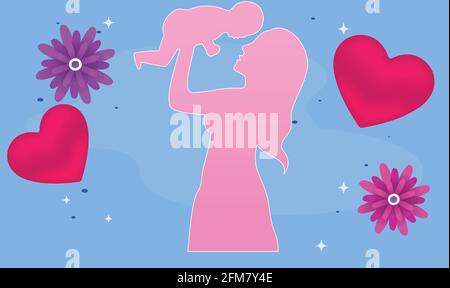 art of mother playing with her kid on heart shape background Stock Vector