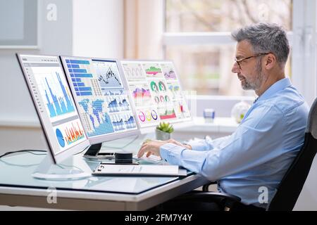 Man Advisor Using Multiple Computer Monitors With Finance Charts Stock Photo