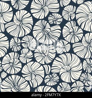 Hand-Drawn Sea Shells, Fossils Blue and Cream Vector Seamless Pattern Stock Vector