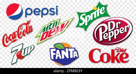 Vinnytsia, Ukraine - May 6, 2021: Set of 8 Soft Drinks: Pepsi, Coca-Cola, Sprite, Fanta, Dr Pepper, Diet Coke, Mountain Dew, 7UP. Vector logo isolated Stock Vector