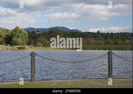 Lillydale Lake from a wooden jetty. The lake is named after the Shire Of Lillydale, with a double 'L', unlike the town of Lilydale, with a single 'L'. Stock Photo