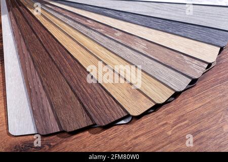 Vinyl and linoleum samples on a white isolated background. Vinyl for flooring with wood grain texture and pattern. High quality photo Stock Photo