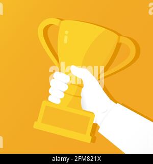 The hand holds a golden trophy cup. Award winner. Vector illustration in flat style. The champion holds the award for the winning. First place. Stock Vector