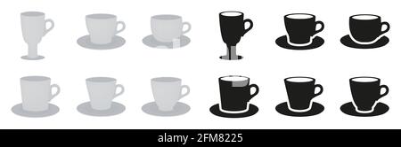 Set of cups and mugs in flat style and silhouettes. Vector illustration of drinking utensils. Stock Vector