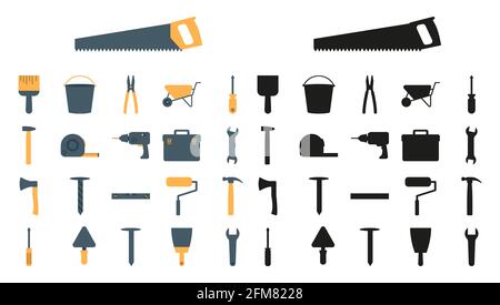 A set of construction tools in a flat style and silhouettes. Vector illustration of hammer, drill, pliers, wrench and tool box. Stock Vector