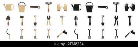 A set of garden tools in a flat style and silhouettes. Vector illustration of a rake, gloves, shovel, pruner and watering can. Stock Vector