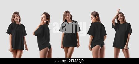 Mockup of a black oversized t-shirt on a sexy naked girl in panties,  isolated on background in the studio. Fashion womens clothing template for  design Stock Photo - Alamy