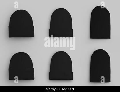 Mockup of trendy black beanie, wool headdress for seasonal use. Winter hat template for design presentation. Set of clothes for the head, isolated on Stock Photo