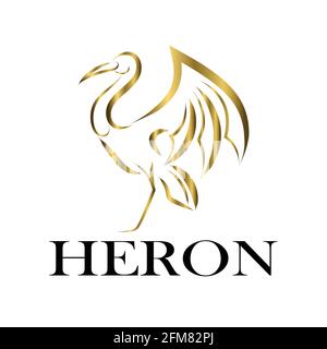 Gold Line art vector logo of heron that is standing. Stock Vector