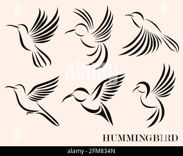 Line art Vector illustration six image set of flying hummingbirds. Suitable for making logos Stock Vector