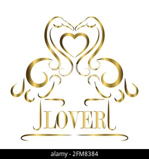 Gold line art of lovers flamingos with heart on a white background. Flamingo line art is good for interior design in the form of wall stickers, for gr Stock Vector