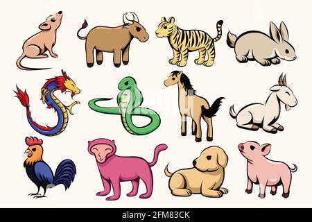 Set of twelve lunar zodiac horoscope symbol. Concept chinese happy new year. Color vector illustration cartoon of twelve animal. Stock Vector