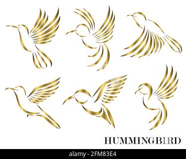 Line art Vector illustration six image set of flying golden hummingbirds. Suitable for making logos Stock Vector