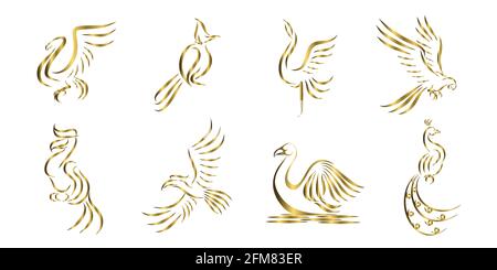 Set of eight golden vector images of different birds. Line drawing Can be used as a symbol Marks or logos are acceptable. Stock Vector