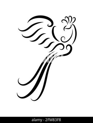 Black and white line art of phoenix bird with beautiful wings. Curl floral ornament decoration. Good use for symbol, mascot, icon, avatar, tattoo, T S Stock Vector