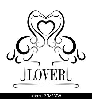 Black line art of lovers flamingos with heart on a white background. Flamingo line art is good for interior design in the form of wall stickers, for g Stock Vector