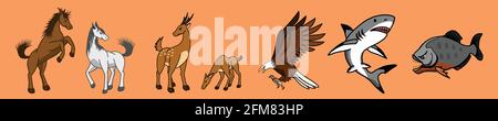 Set of vector illustrations of various animals consisting of horses, deer, shark, piranha, eagle on an orange background. It's a simple picture. It's Stock Vector