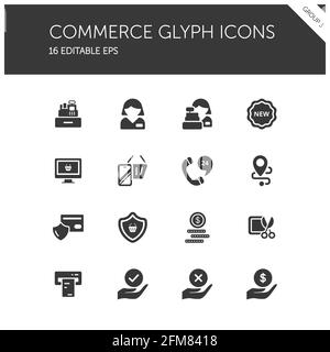 Commerce. People, cashier machine, phone, security, ticket, money and hands group on white background. Isolated icon set. Glyph vector illustration Stock Vector