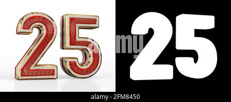 Number twenty-five (number 25) with red transparent stripe on white background, with alpha channel. 3D illustration Stock Photo