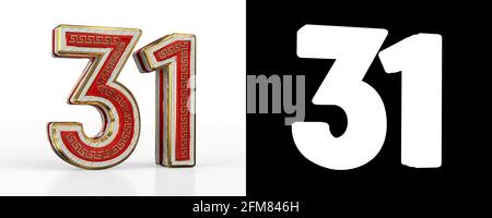 Number thirty-one (number 31) with red transparent stripe on white background, with alpha channel. 3D illustration Stock Photo