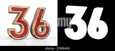 Number thirty-six (number 36) with red transparent stripe on white background, with alpha channel. 3D illustration Stock Photo