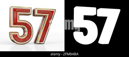 Number fifty-seven (number 57) with red transparent stripe on white background, with alpha channel. 3D illustration Stock Photo