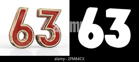 Number sixty-three (number 63) with red transparent stripe on white background, with alpha channel. 3D illustration Stock Photo