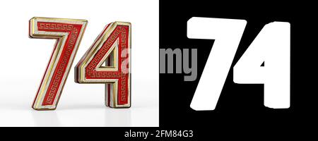 Number seventy-four (number 74) with red transparent stripe on white background, with alpha channel. 3D illustration Stock Photo