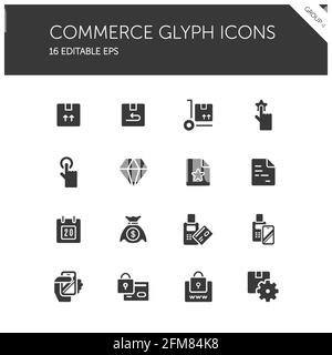 Commerce. Box, diamond, hand, swiping machine, security, money and calendar group on white background. Isolated icon set. Glyph vector illustration Stock Vector