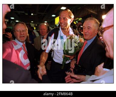 British Olympic Medalists arrive home at Heathrow airport....Steve Redgrave Coxless Four Rowing. Stock Photo