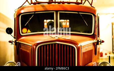 Vintage fire truck. Firefighter vehicle retro close up photography. Stock Photo