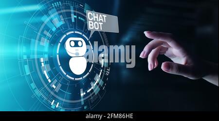 Chatbot computer program designed for conversation with human users over the Internet. Support and customer service automation technology concept. Stock Photo