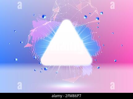Abstract pink and blue vaporwave styled background with shiny neon frame, brush stroke, halftone blot and triangular dotted grid. Stock Vector