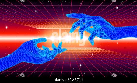 Hands touching in cyberpunk concept with 80s neon and grid style. Synthwave or vaporwave illustration with human and machine connection. Stock Vector