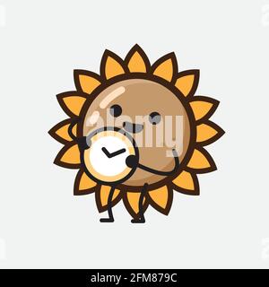 Vector Illustration of Sunflower Character with cute face, simple hands and leg line art on Isolated Background. Flat cartoon doodle style. Stock Vector