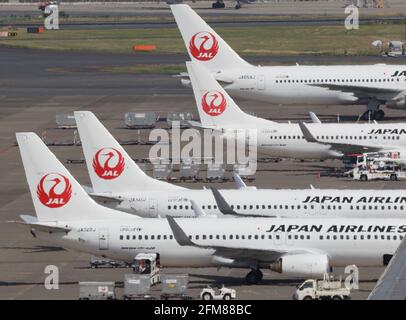 Tokyo, Japan. 1st May, 2021. This picture taken on May 1, 2021 shows Japan Airlines (JAL) jetliners parking at Haneda airport in Tokyo. JAL posted a net loss of 286 billion yen at their financial result for the fiscal year 2020 ended March. Credit: Yoshio Tsunoda/AFLO/Alamy Live News Stock Photo